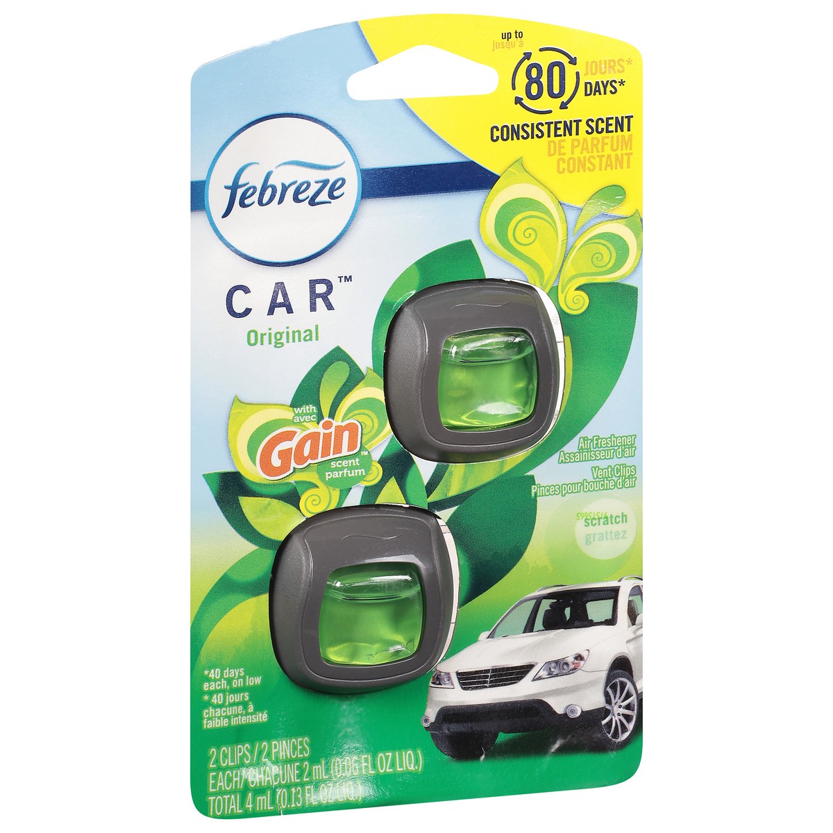slide 7 of 9, Febreze Car Air Freshener, Odor-Fighting Automotive Vent Clip, Gain Original Scent, 2 Count, 2 ct