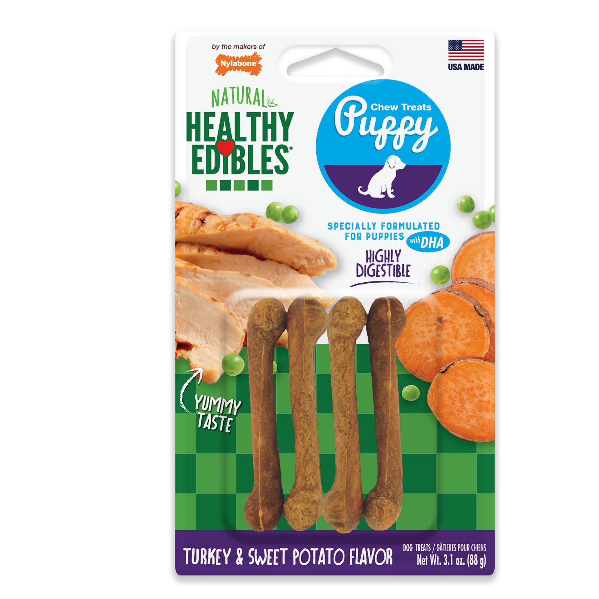 slide 1 of 10, Nylabone Healthy Edibles Puppy Turkey & Sweet Potato Dog Chew Treats X-Small/Petite - Up to 15 lbs.(4 Count), 4 ct