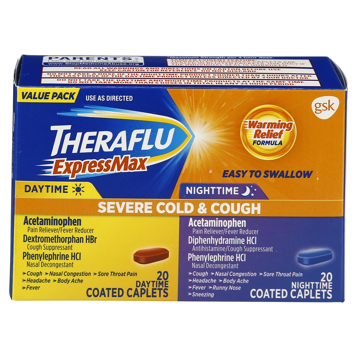 slide 1 of 3, Theraflu ExpressMax Daytime And Nighttime Severe Cold & Cough Coated Caplets, 40 ct