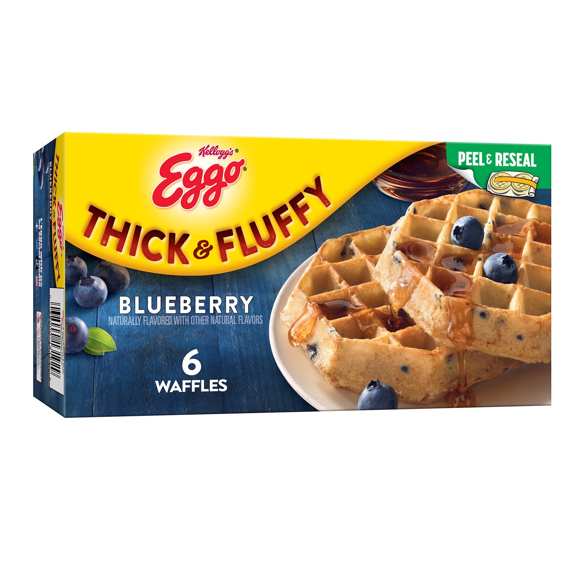 slide 1 of 5, Eggo Thick and Fluffy Frozen Waffles, Resealable, Belgian Style, Blueberry, 11.6oz Box, 6 Waffles, 11.6 oz