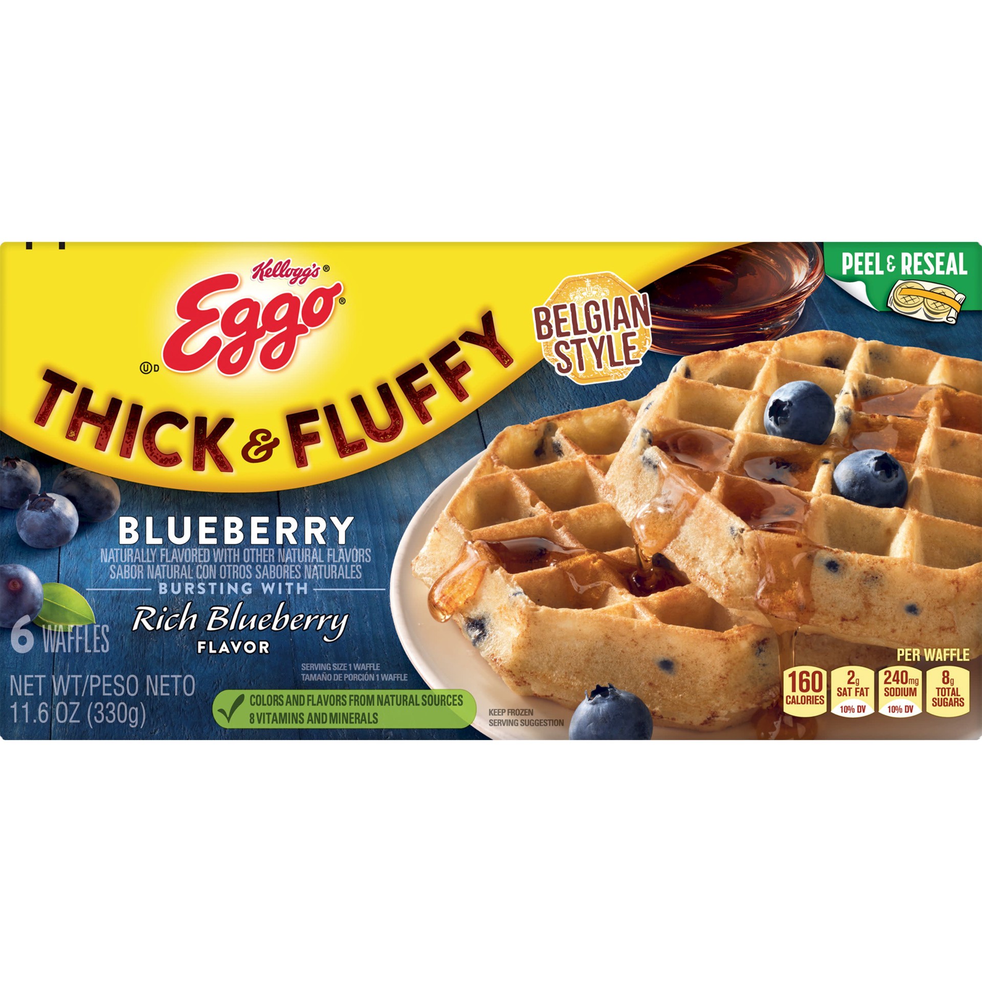 slide 1 of 5, Eggo Thick and Fluffy Frozen Waffles, Blueberry, 11.6 oz, 6 Count, Frozen, 11.6 oz