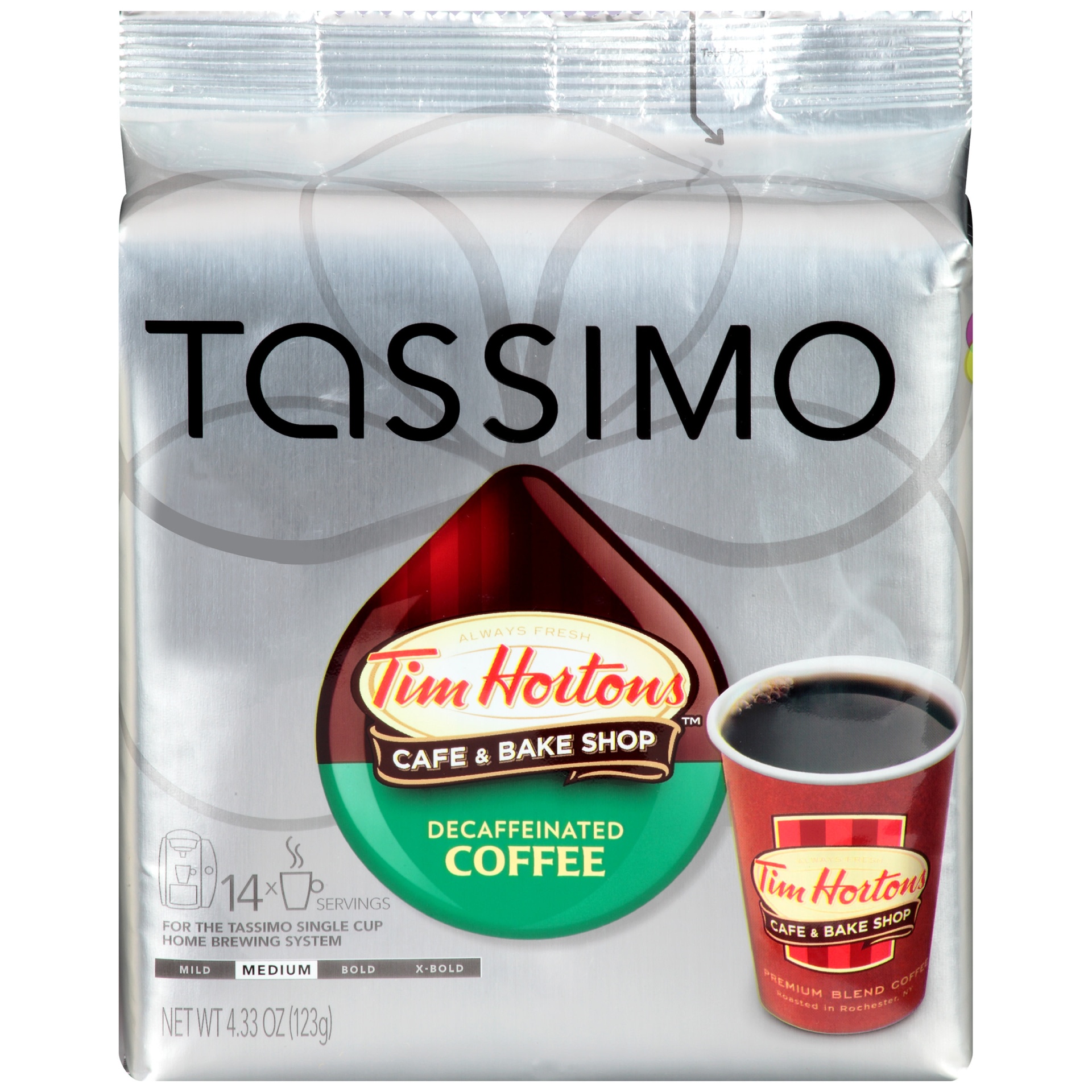 slide 1 of 2, Tassimo Tim Hortons Cafe & Bake Shop Decaf Medium Roast Coffee T-Discs for Tassimo Single Cup Home Brewing Systems Pack, 14 ct