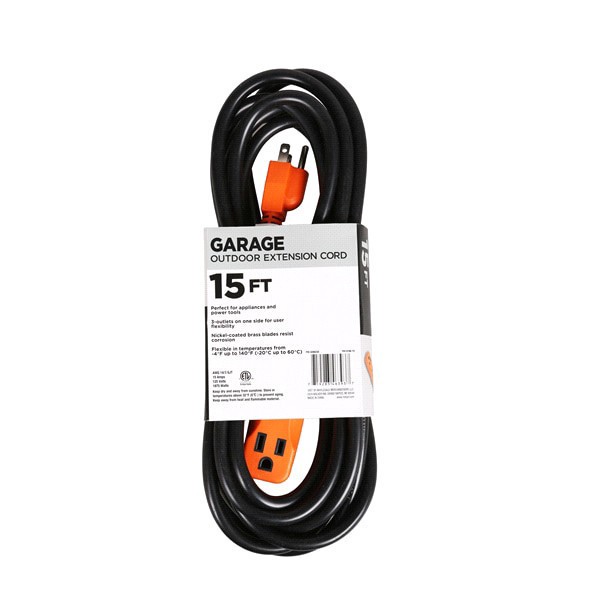 slide 4 of 9, 14/3 SJT Outdoor/Garage/Jobsite Extension Cord Black /Orange, 15 ft