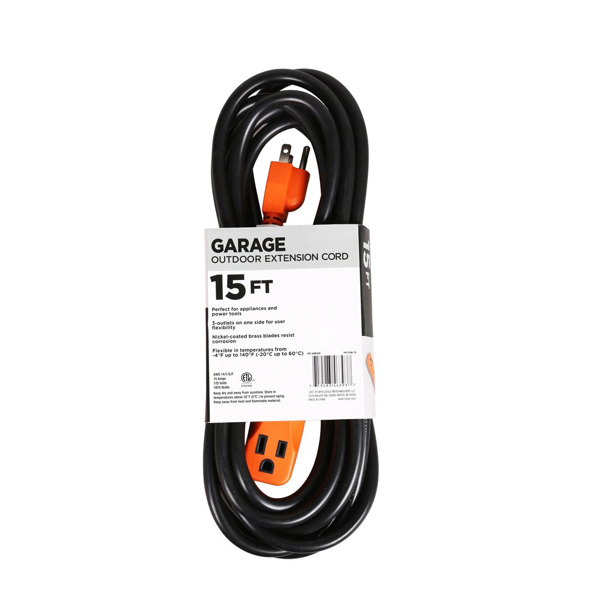 slide 5 of 9, 14/3 SJT Outdoor/Garage/Jobsite Extension Cord Black /Orange, 15 ft