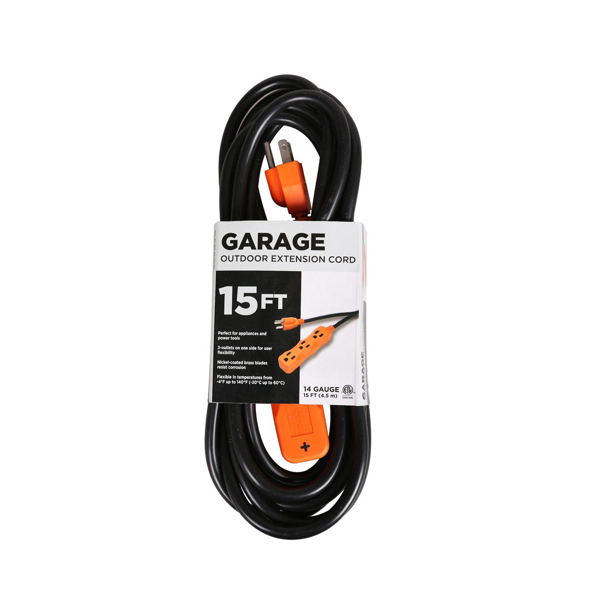 slide 1 of 9, 14/3 SJT Outdoor/Garage/Jobsite Extension Cord Black /Orange, 15 ft