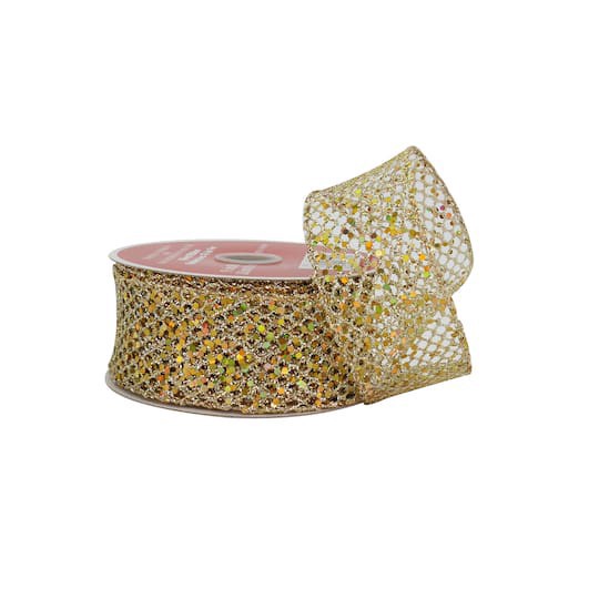 slide 1 of 3, 1.5" X 30ft. Champagne Wired Mesh Ribbon By Celebrate It, 1.5 in x 30 ft