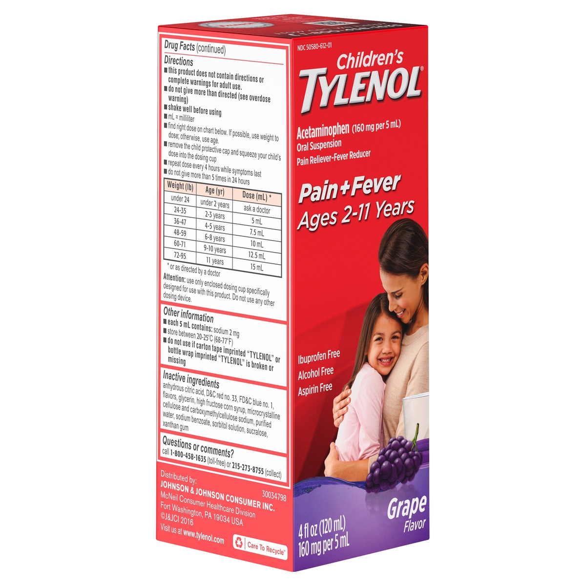slide 2 of 5, Children's Tylenol Liquid Oral Suspension Medicine, Acetaminophen Pain Reliever & Fever Reducer for Cold + Flu Symptoms & Sore Throat, Aspirin-, Ibuprofen- & Alcohol- Free, Grape, 4 fl oz