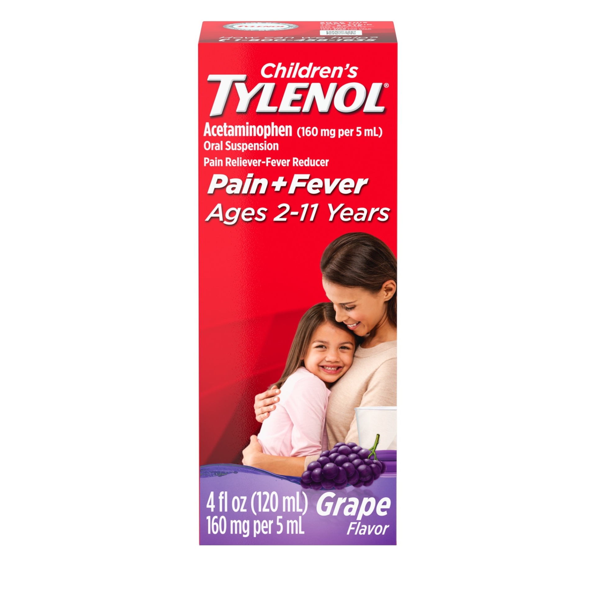 slide 1 of 5, Children's Tylenol Liquid Oral Suspension Medicine, Acetaminophen Pain Reliever & Fever Reducer for Cold + Flu Symptoms & Sore Throat, Aspirin-, Ibuprofen- & Alcohol- Free, Grape, 4 fl oz