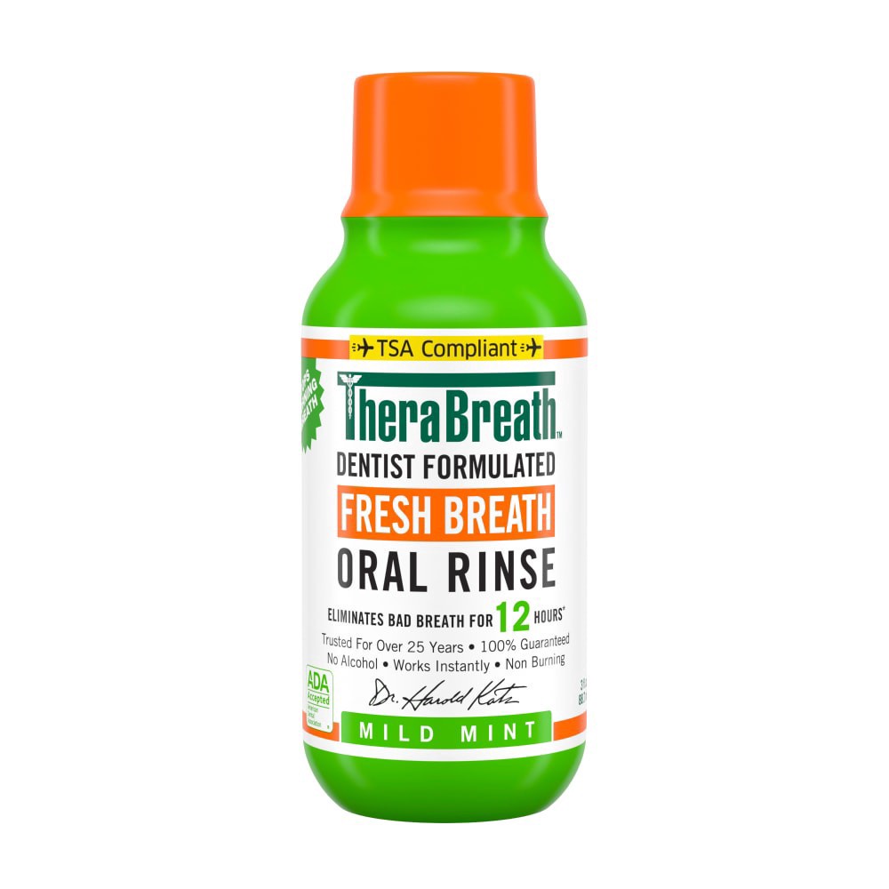 slide 1 of 1, TheraBreath Fresh Breath Mouthwash, Mild Mint, Alcohol-Free, Travel Size, 3 fl oz, 3 oz