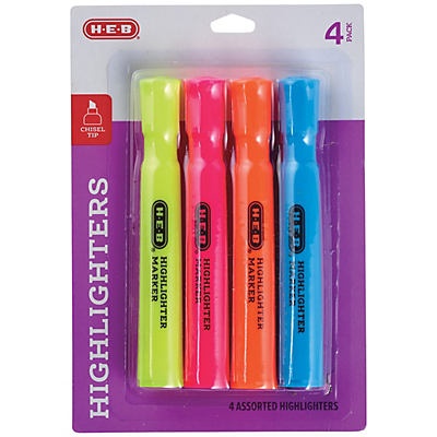 slide 1 of 1, H-E-B Assorted Color Highlighters with Narrow Chisel Tip, 4 ct
