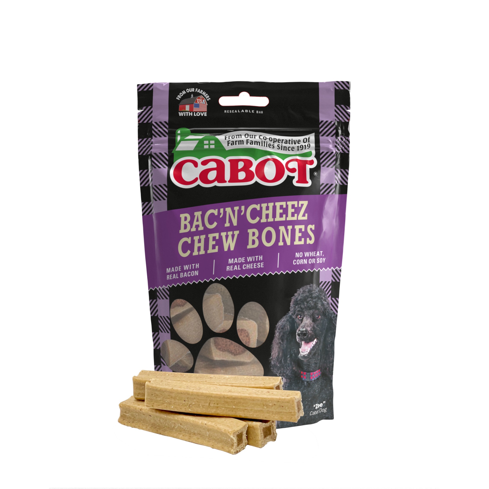 slide 1 of 1, Cabot Bac'n Cheez Chew Bone Dog Treats, 6 oz