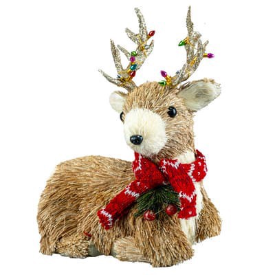 slide 1 of 1, 9" Deer With Scarf And Lights Natural Decor By Ashland, 7.09 in x 4.72 in x 9.06 in