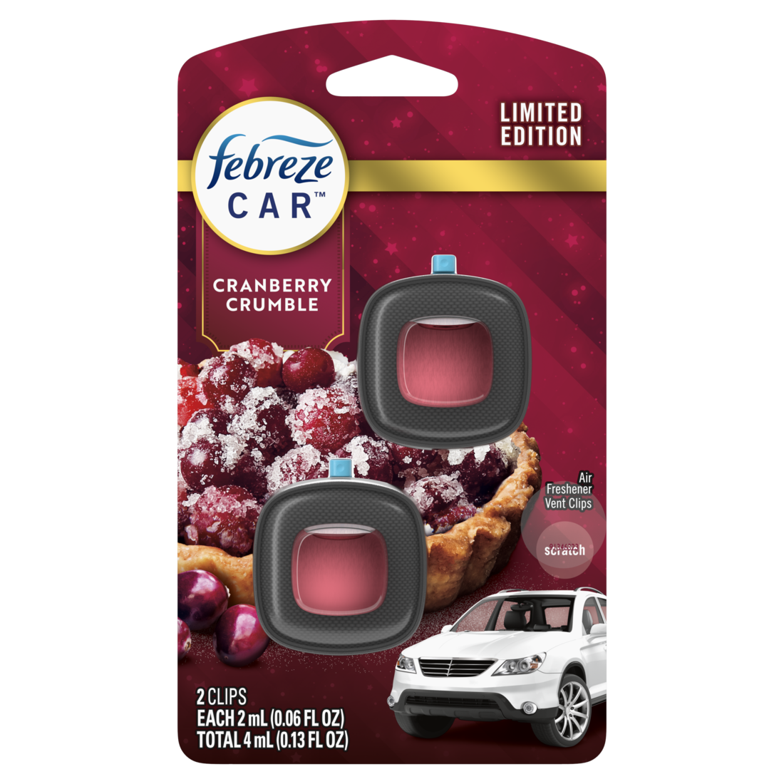 slide 1 of 1, Febreze Car Cranberry Tart Odor-Eliminating Vent Clips, 2 ct