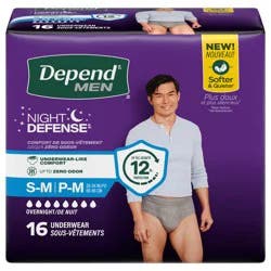 Depend Night Defense Adult Incontinence Underwear for Men, Disposable, Overnight, Small/Medium, Grey, 16 Count