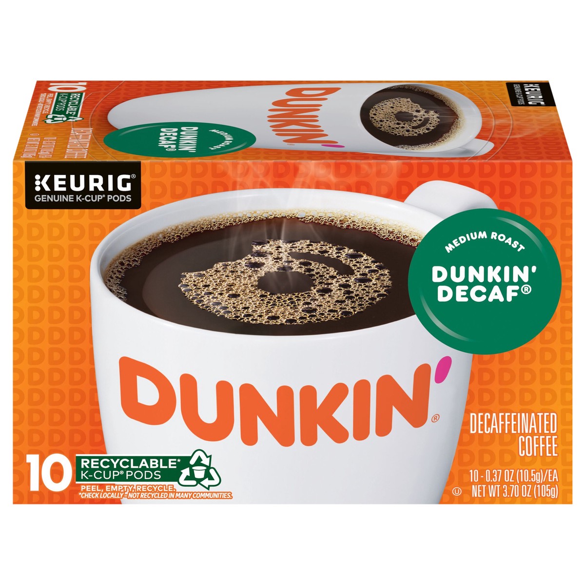 slide 1 of 16, Dunkin' Dunkin’ Decaf Medium Roast Coffee, Keurig K-Cup Pods, 10 Count Box, 10 ct