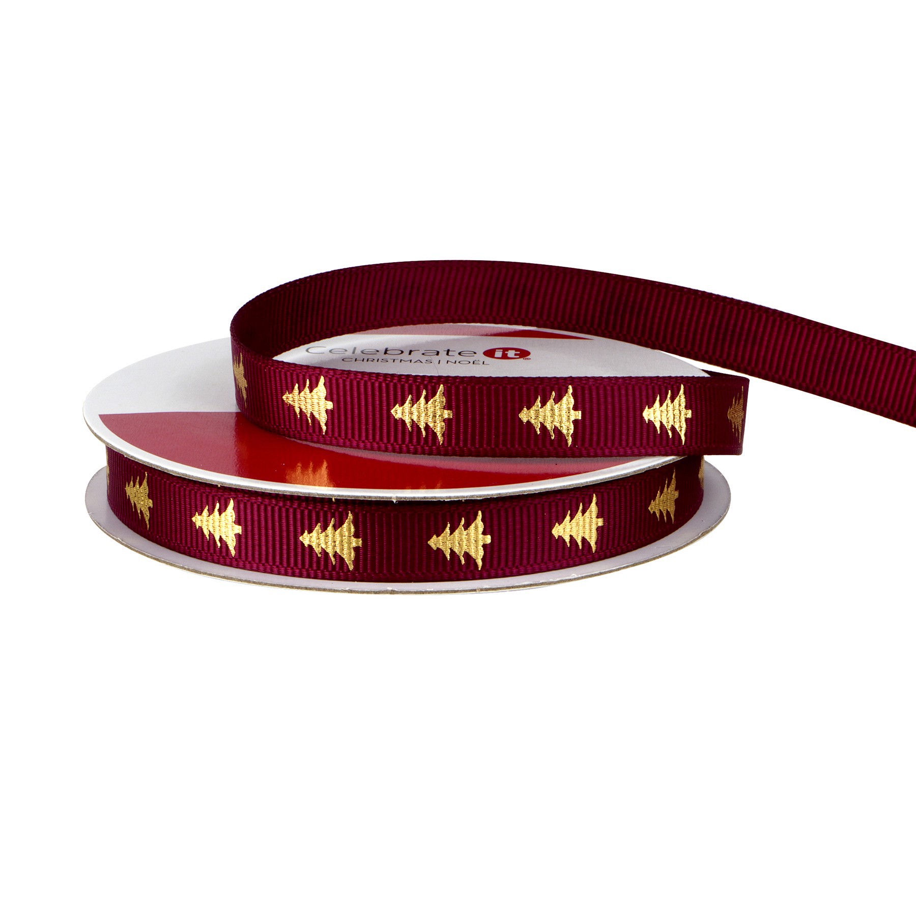 slide 3 of 3, 3/8" X 12ft. Gold Tree On Burgundy Ribbon By Celebrate It Christmas, 3/8 in x 12 ft