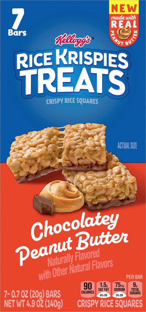 slide 7 of 13, Rice Krispies Treats Crispy Rice Squares, Kids Snacks, Snack Bars, Chocolatey Peanut Butter, 4.9oz Box, 7 Bars, 4.9 oz