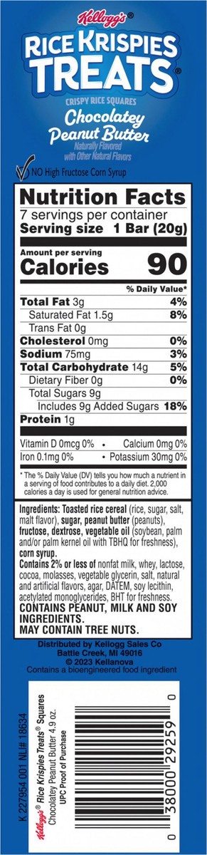 slide 4 of 13, Rice Krispies Treats Crispy Rice Squares, Kids Snacks, Snack Bars, Chocolatey Peanut Butter, 4.9oz Box, 7 Bars, 4.9 oz
