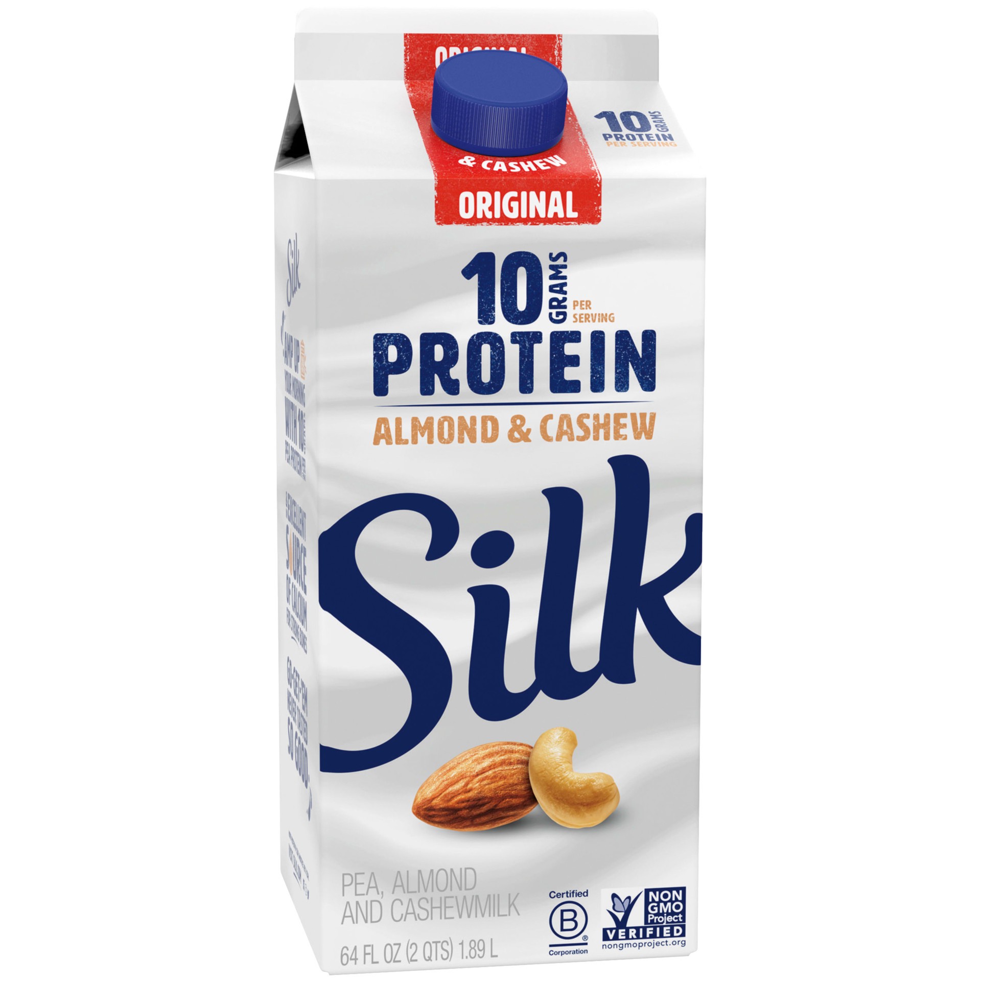 slide 2 of 5, Silk Protein Pea, Almond & Cashew Milk, Original, Dairy-Free, Vegan, Non-GMO Project Verified, Half Gallon, 1/2 gal