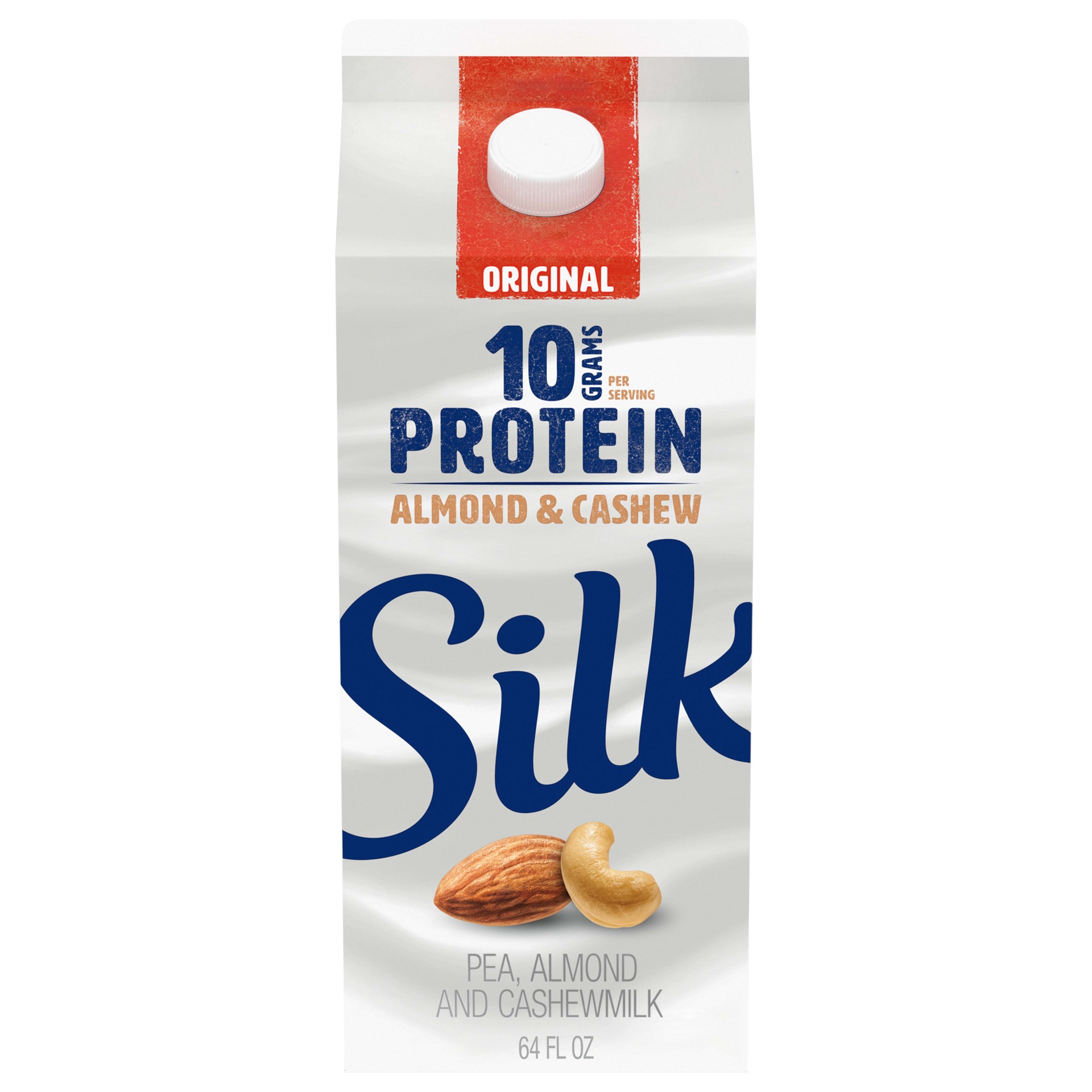 slide 1 of 5, Silk Protein Pea, Almond & Cashew Milk, Original, Dairy-Free, Vegan, Non-GMO Project Verified, Half Gallon, 1/2 gal