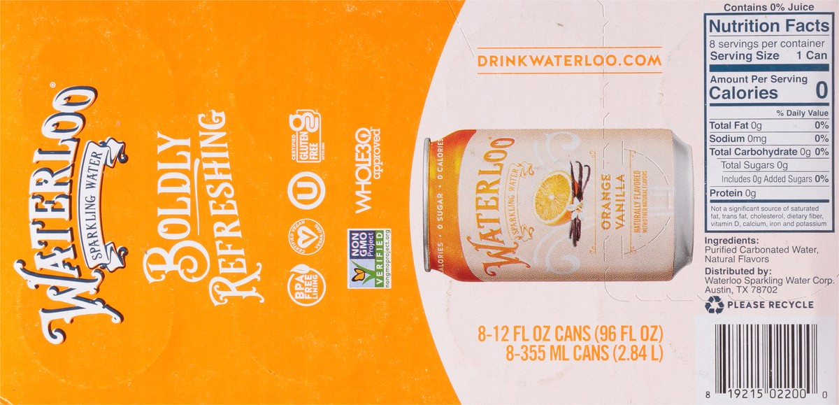 slide 8 of 11, Waterloo Orange Vanilla Sparkling Water 8 - 12 fl oz Cans, 8 ct