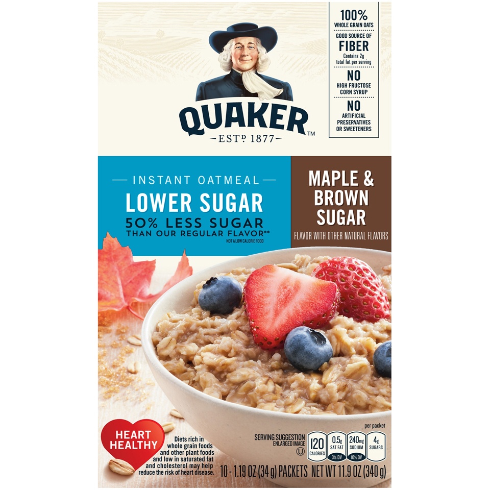 slide 2 of 4, Quaker Lower Sugar Instant Oatmeal Maple & Brown Sugar, 10 ct