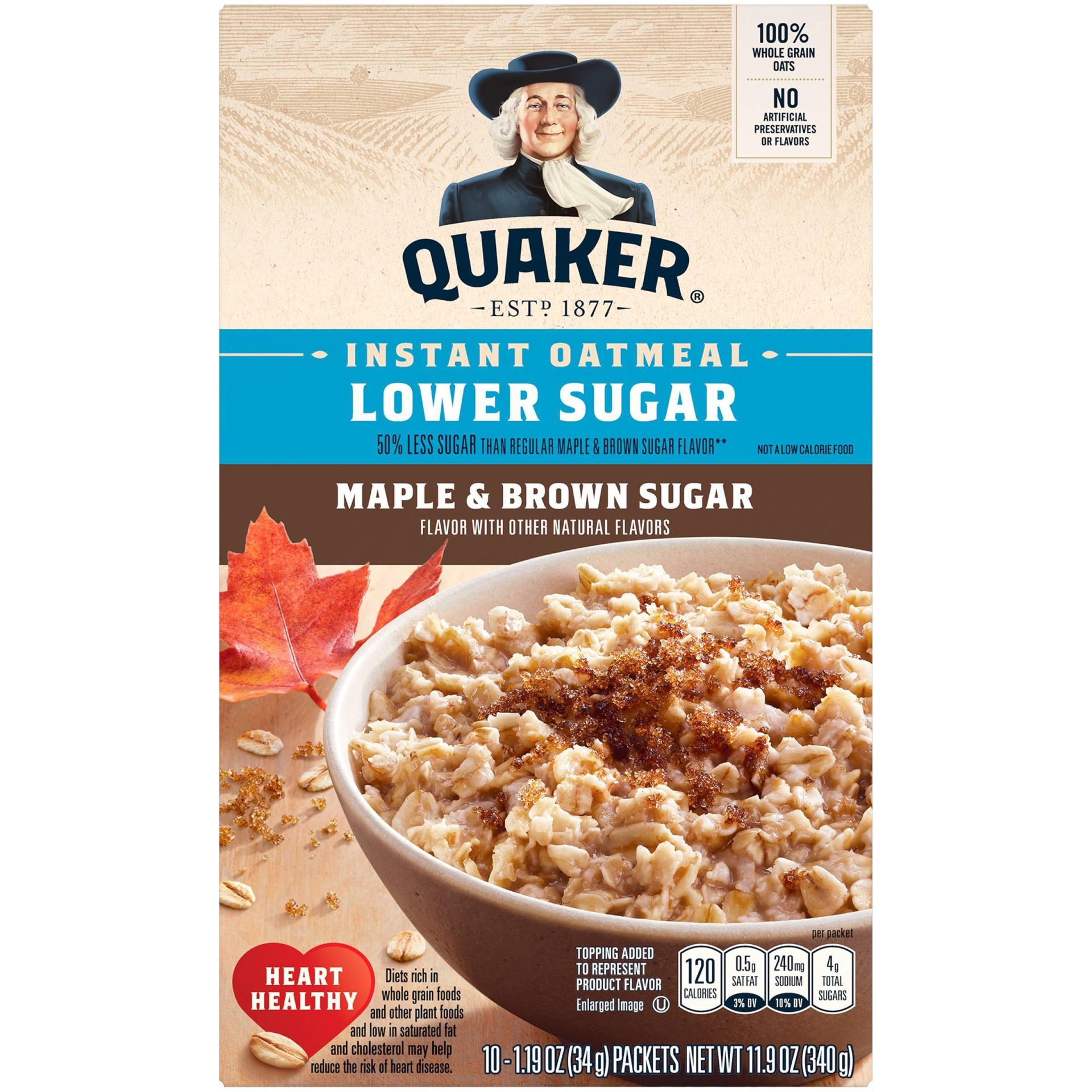 slide 1 of 4, Quaker Lower Sugar Instant Oatmeal Maple & Brown Sugar, 10 ct
