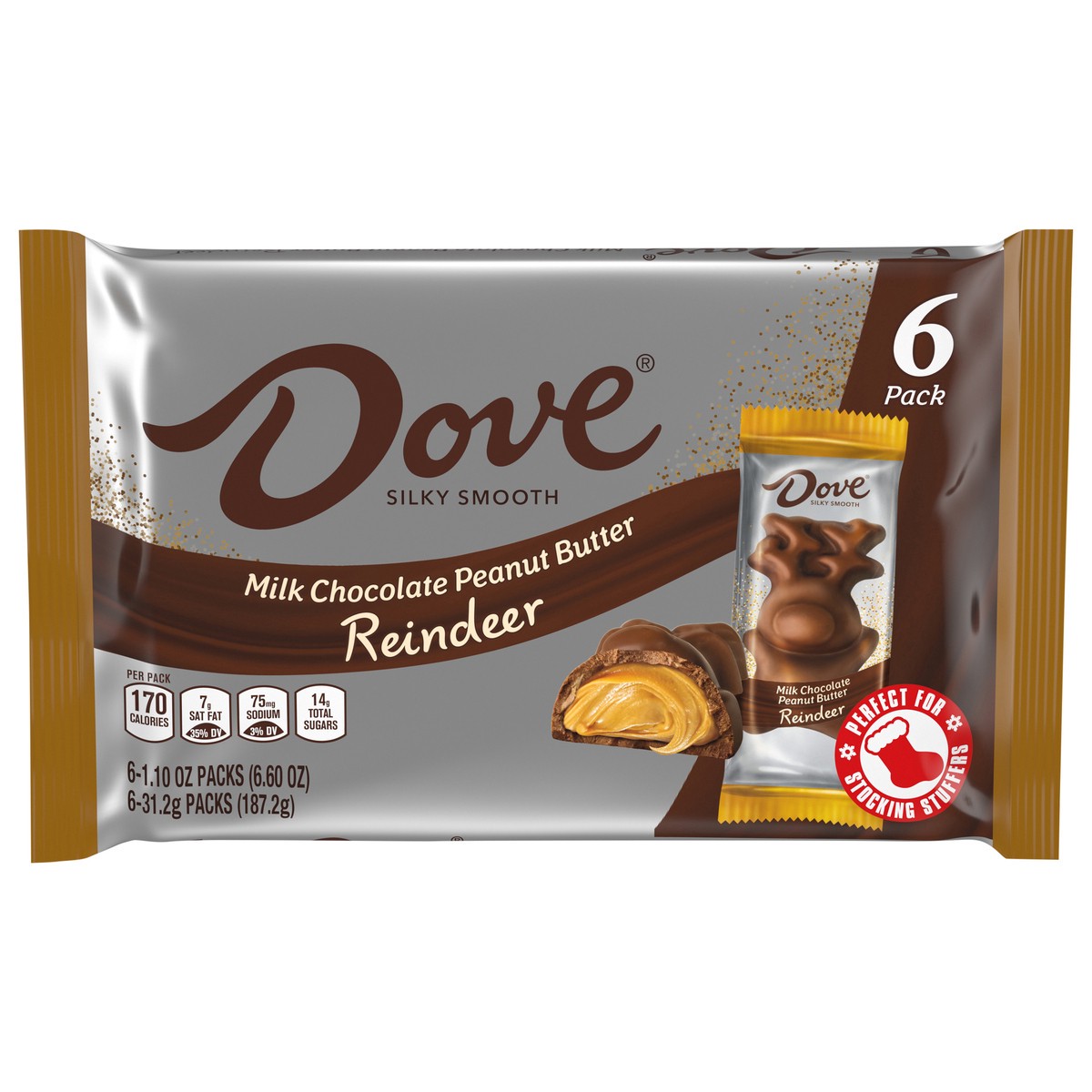 slide 1 of 13, DOVE Milk Chocolate Peanut Butter Reindeer Christmas Candy, 6 Ct Pack, 6.6 oz