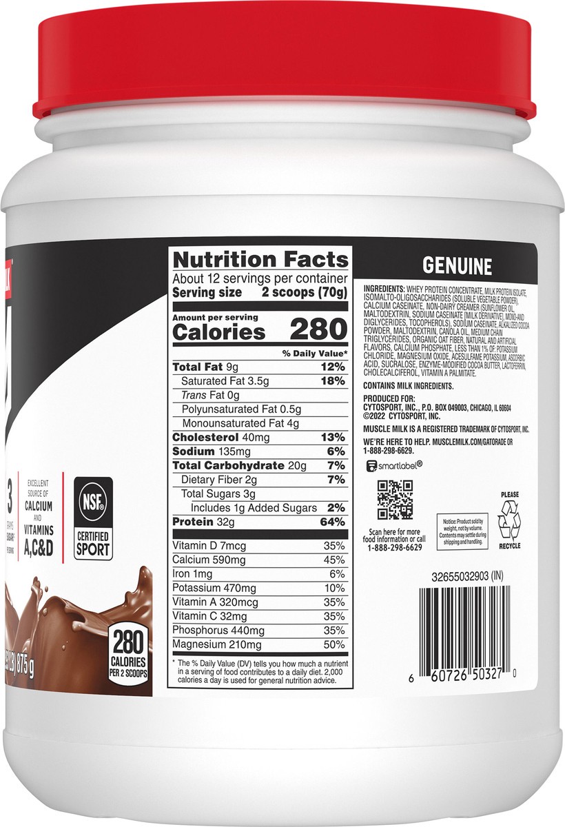 slide 2 of 5, Muscle Milk Genuine Protein Powder Chocolate 30.9 Oz, 30.90 oz