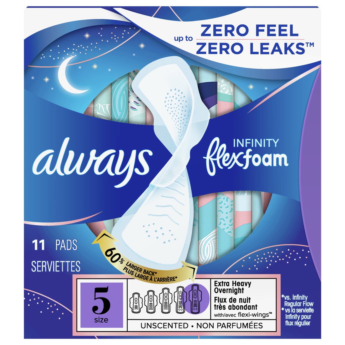 slide 1 of 9, Always Infinity Feminine Pads for Women, Flexfoam Pads with Wings, Size 5, Extra Heavy Overnight Absorbency, Unscented, 11 CT, 11 ct