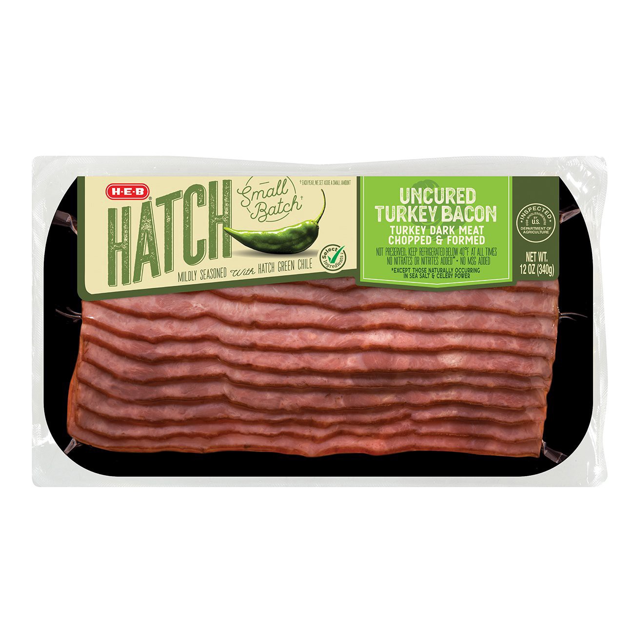 slide 1 of 1, H-E-B Uncured Hatch Turkey Bacon, 12 oz