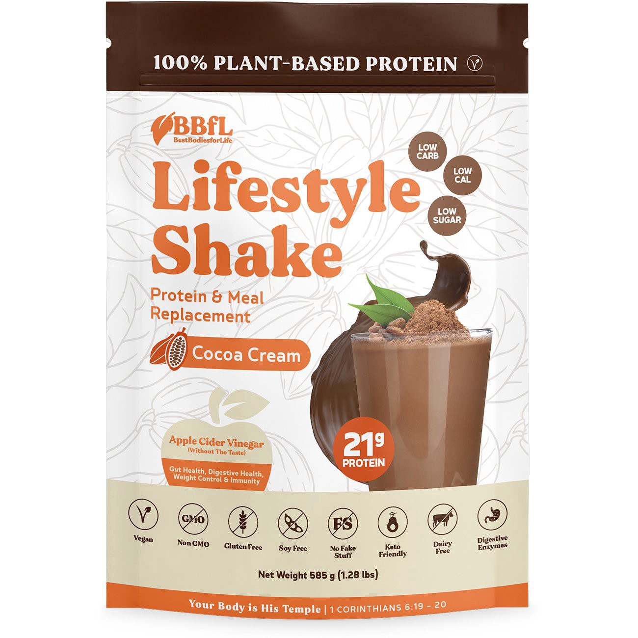 slide 1 of 1, BestBodiesforLife 21g Plant-Based Protein & Meal Replacement Lifestyle Shake - Cocoa Cream, 585 gram