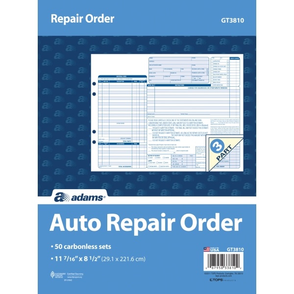 slide 1 of 1, Adams Garage Repair Order Form Books, 3-Part, 8-1/2'' X 11-7/16'', 150 Pages, Blue, Pack Of 50 Books, 50 ct