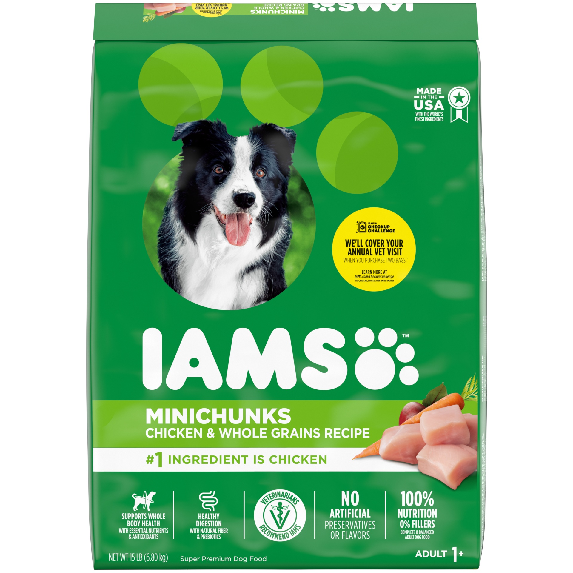 slide 1 of 7, IAMS Adult Minichunks Small Kibble High Protein Dry Dog Food with Real Chicken, 15 Lb