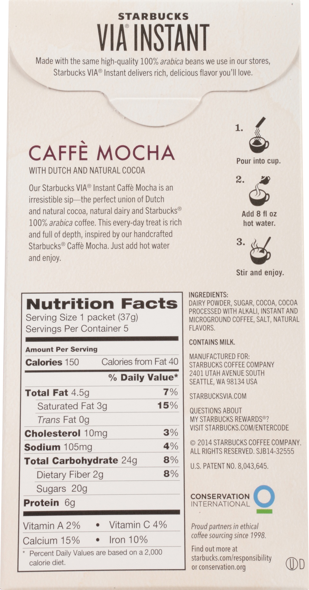 Starbucks VIA Instant Coffee Flavored Packets, Caffè Mocha Latte 5 ct