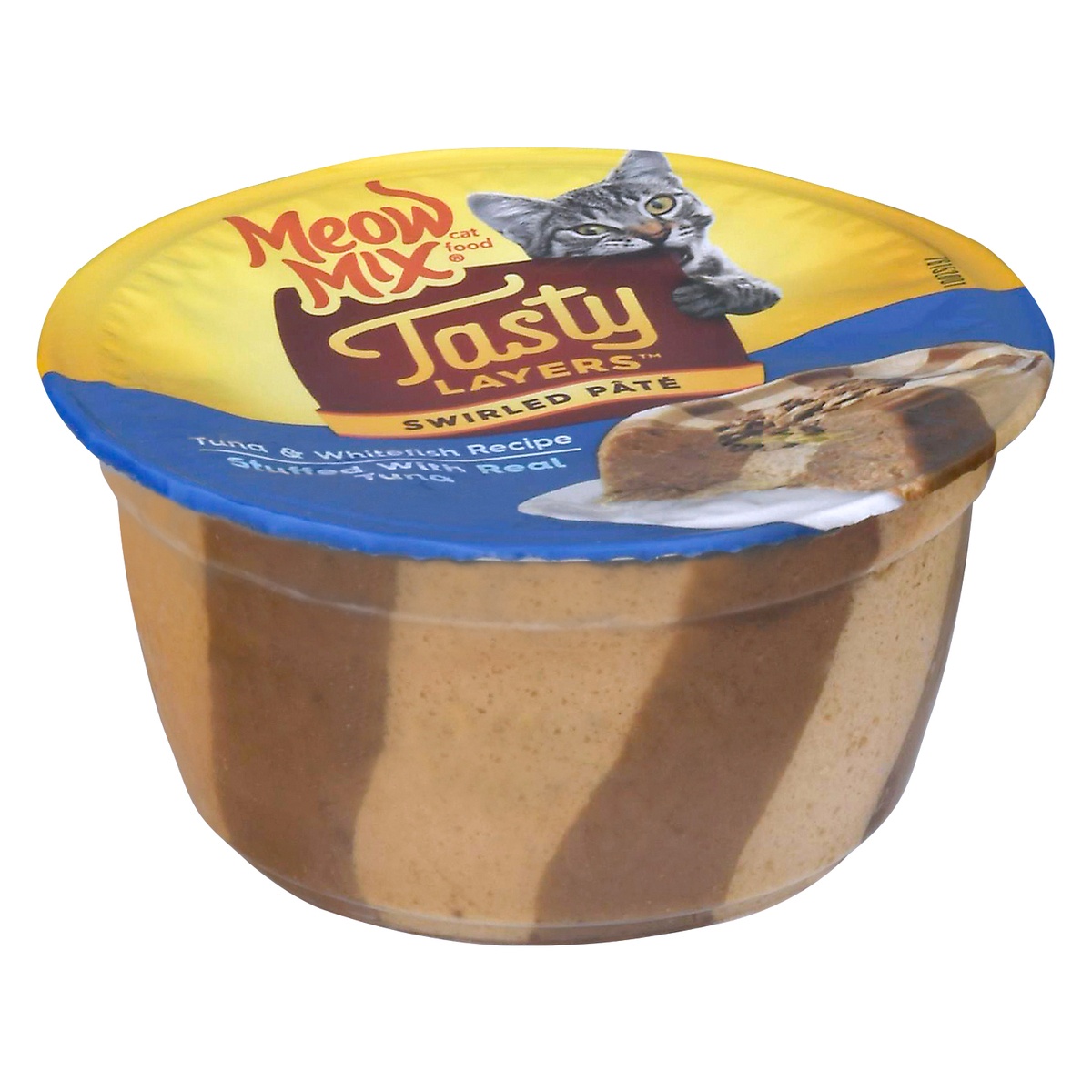 slide 2 of 10, Meow Mix Tasty Layers Swirled Paté Tuna and Whitefish Recipe Stuffed with Real Tuna Wet Cat Food, 2.75 oz