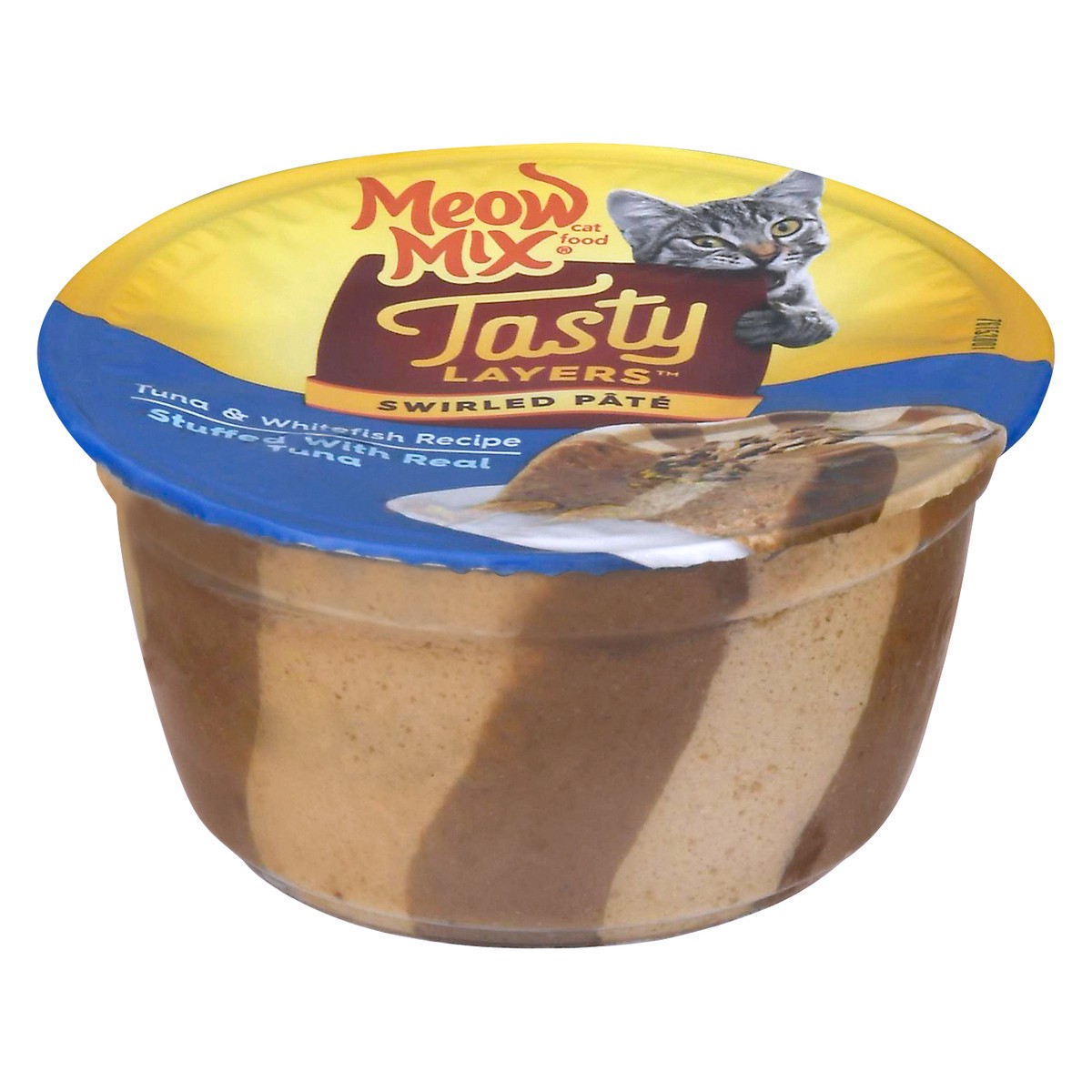 slide 1 of 10, Meow Mix Tasty Layers Swirled Paté Tuna and Whitefish Recipe Stuffed with Real Tuna Wet Cat Food, 2.75 oz