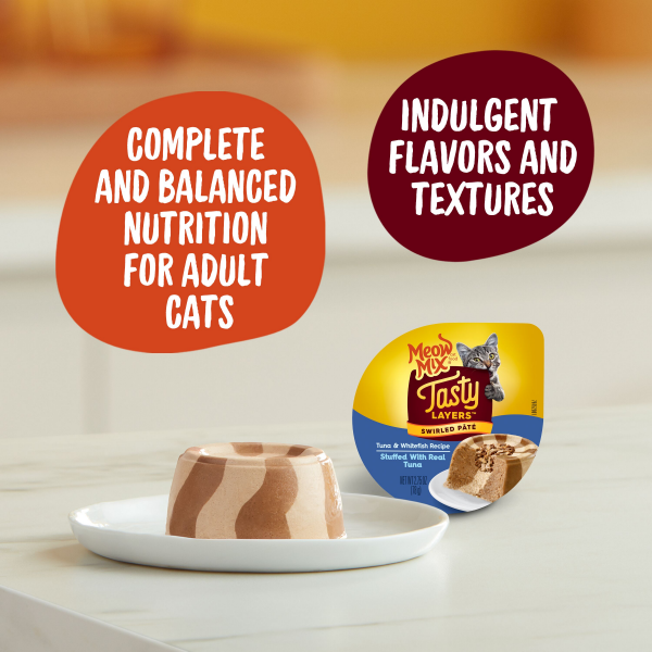 slide 6 of 19, Meow Mix Tasty Layers Swirled Pate Tuna & Whitefish Recipe Cat Food 2.75 oz, 2.75 oz