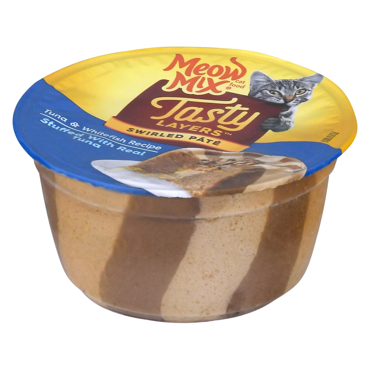 slide 3 of 10, Meow Mix Tasty Layers Swirled Paté Tuna and Whitefish Recipe Stuffed with Real Tuna Wet Cat Food, 2.75 oz