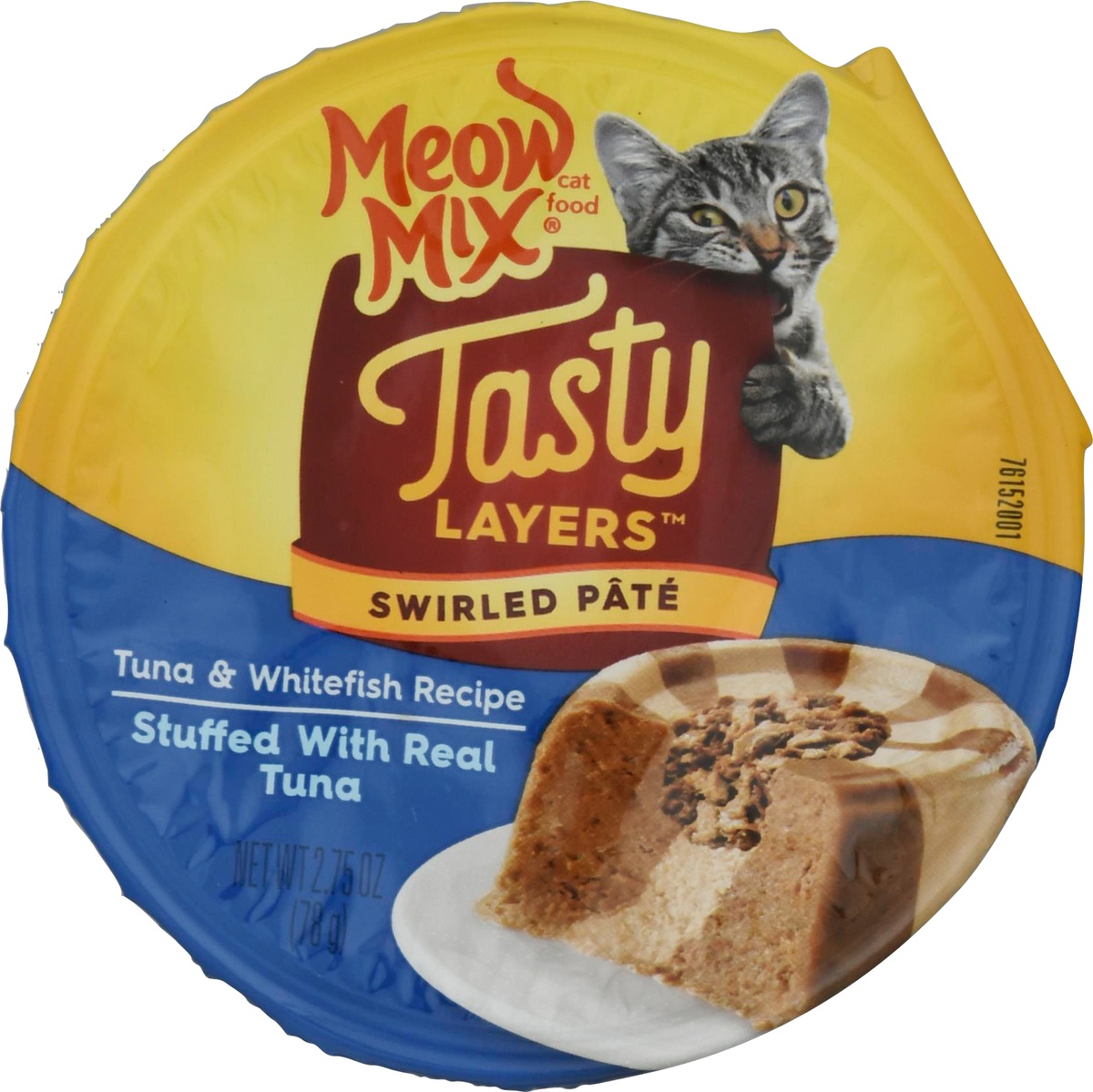 slide 8 of 10, Meow Mix Tasty Layers Swirled Paté Tuna and Whitefish Recipe Stuffed with Real Tuna Wet Cat Food, 2.75 oz