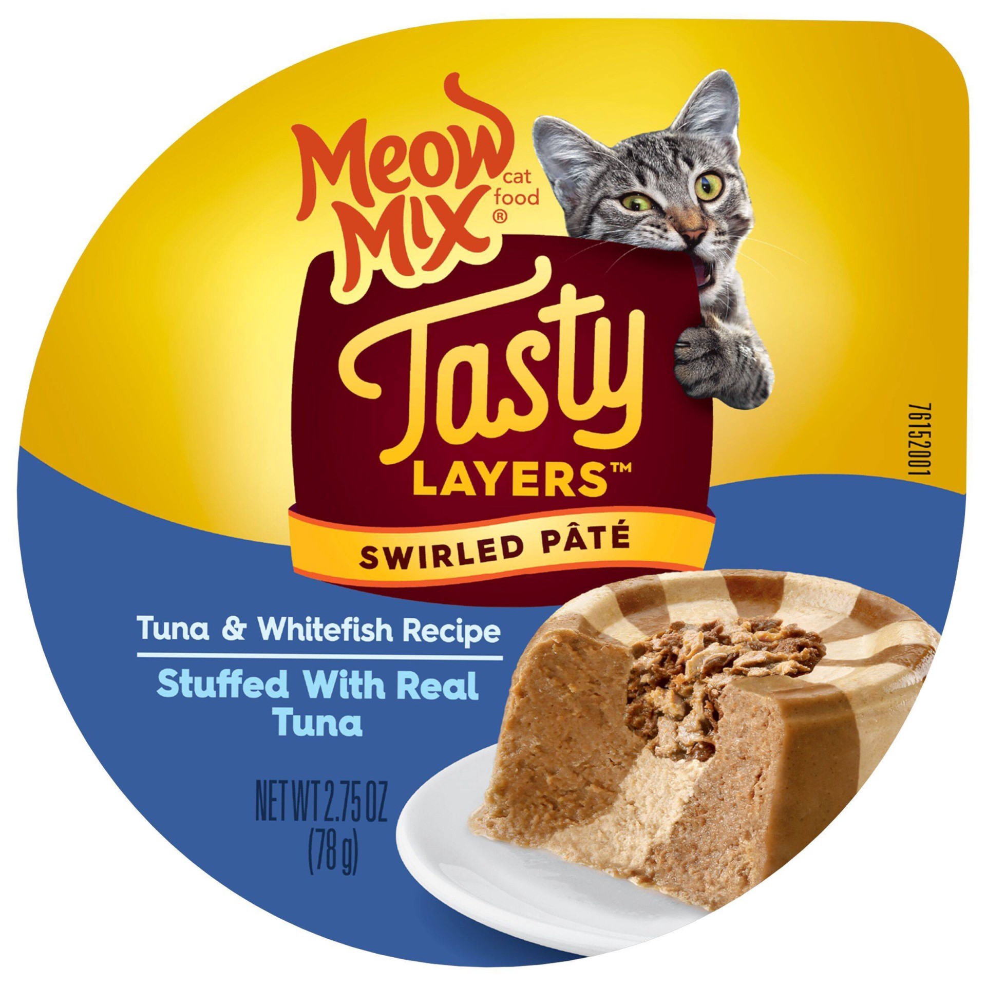 slide 1 of 19, Meow Mix Tasty Layers Swirled Pate Tuna & Whitefish Recipe Cat Food 2.75 oz, 2.75 oz