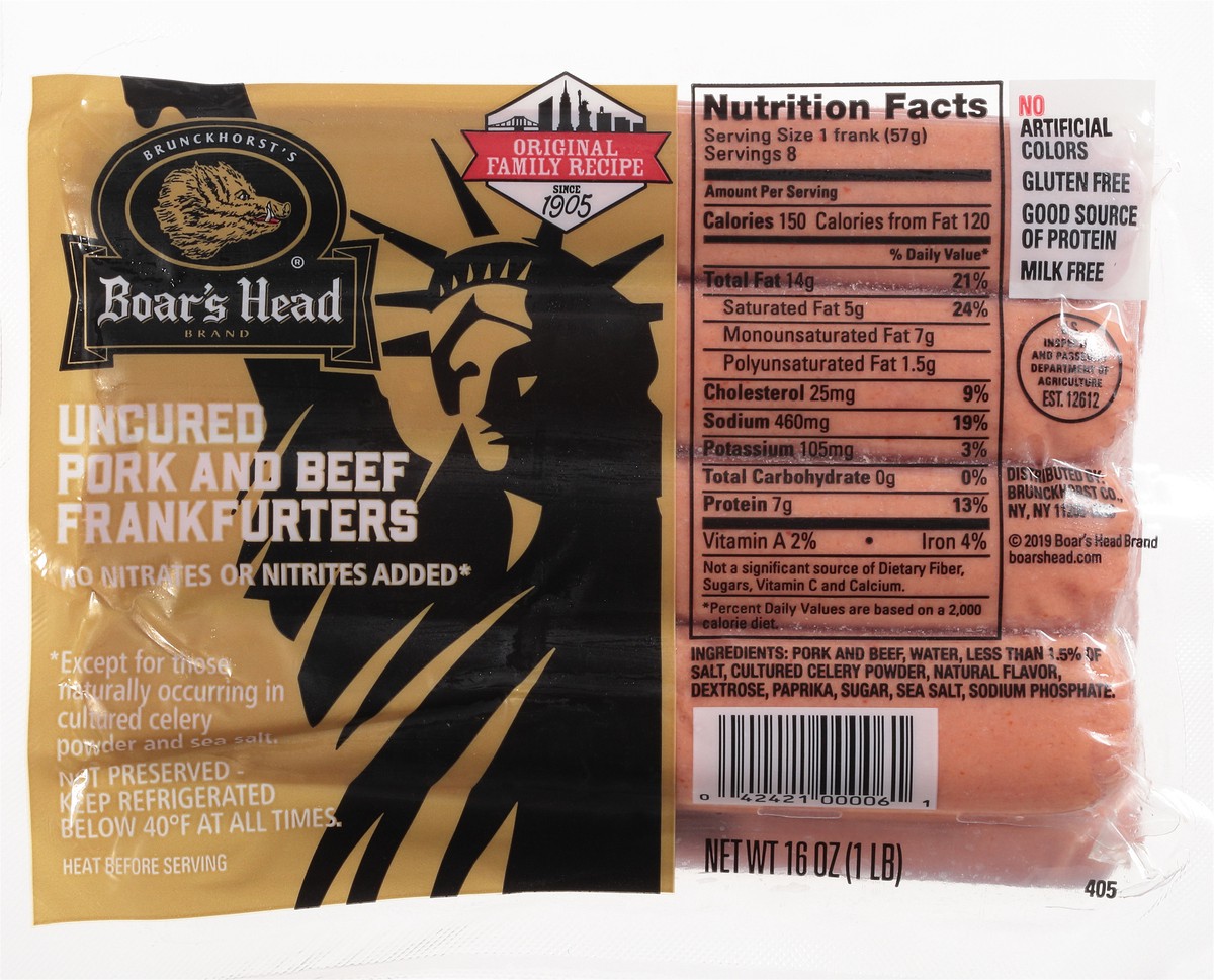 slide 9 of 9, Boar's Head Uncured Pork And Beef Franks, 16 oz