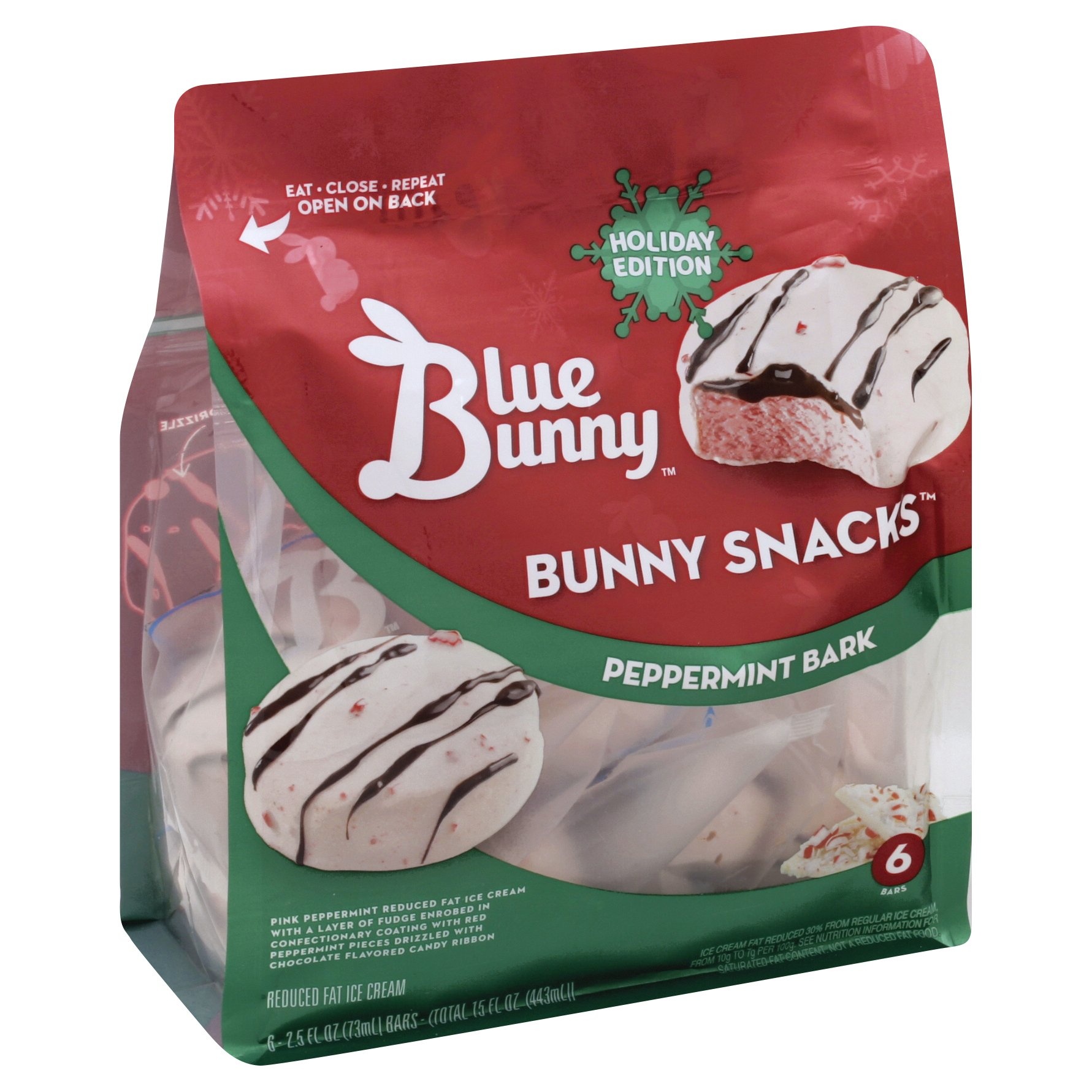 slide 1 of 1, Blue Bunny Bunny Snacks Peppermint Bark Reduced Fat Ice Cream, 6 ct; 2.5 fl oz
