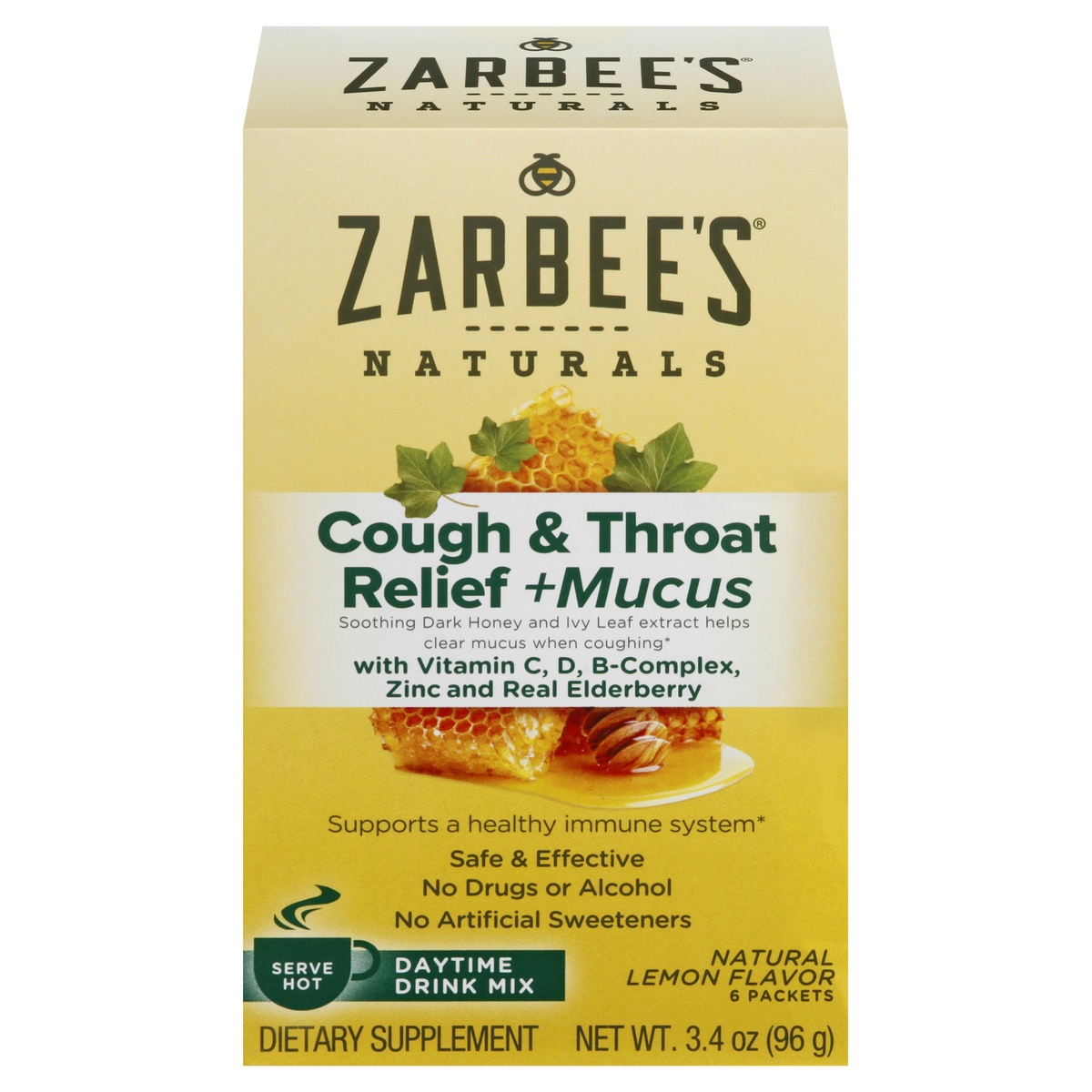 slide 1 of 6, Zarbee's Naturals Cough & Throat Relief + Mucus, Daytime, Drink Mix, Natural Lemon Flavor, 6 ct