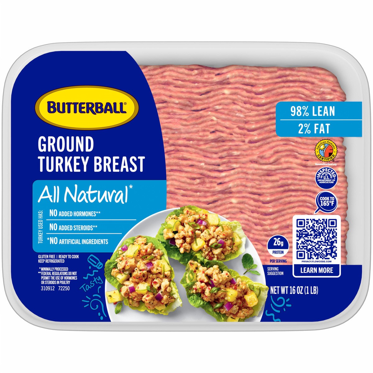 slide 1 of 13, Butterball All Natural Fresh Ground Turkey, 98%2%, 16oz, 1 Tray, 16 oz