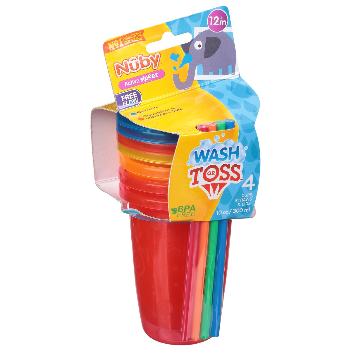 slide 7 of 9, Nuby Wash or Toss 10 Ounce Cups, Straws & Lids 1 ea, 1 ct