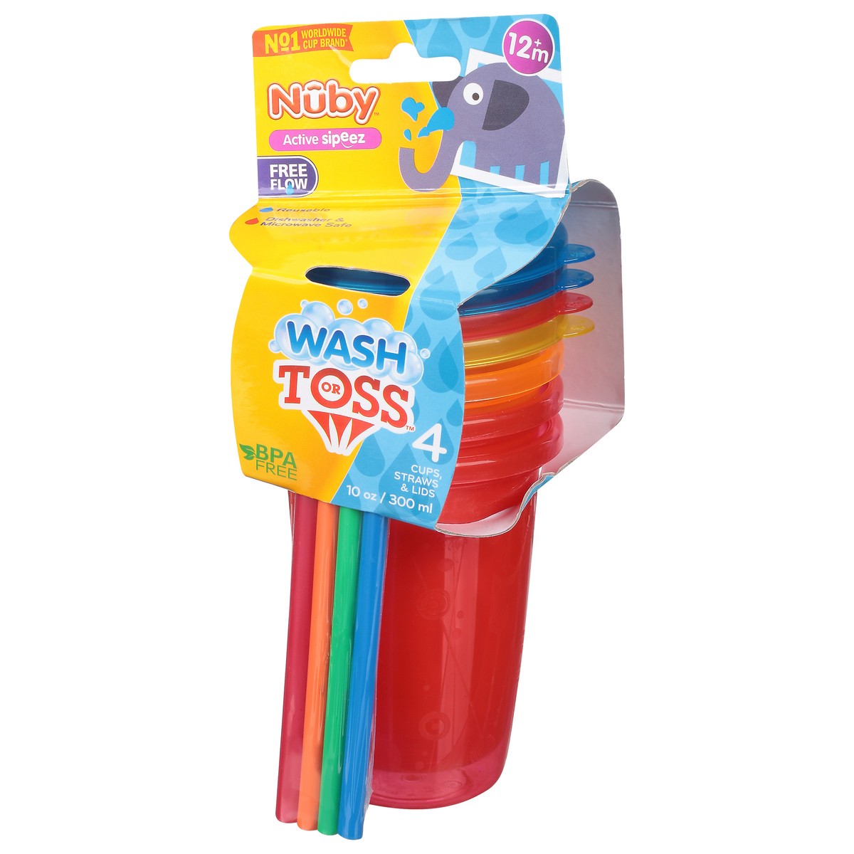 slide 2 of 9, Nuby Wash or Toss 10 Ounce Cups, Straws & Lids 1 ea, 1 ct