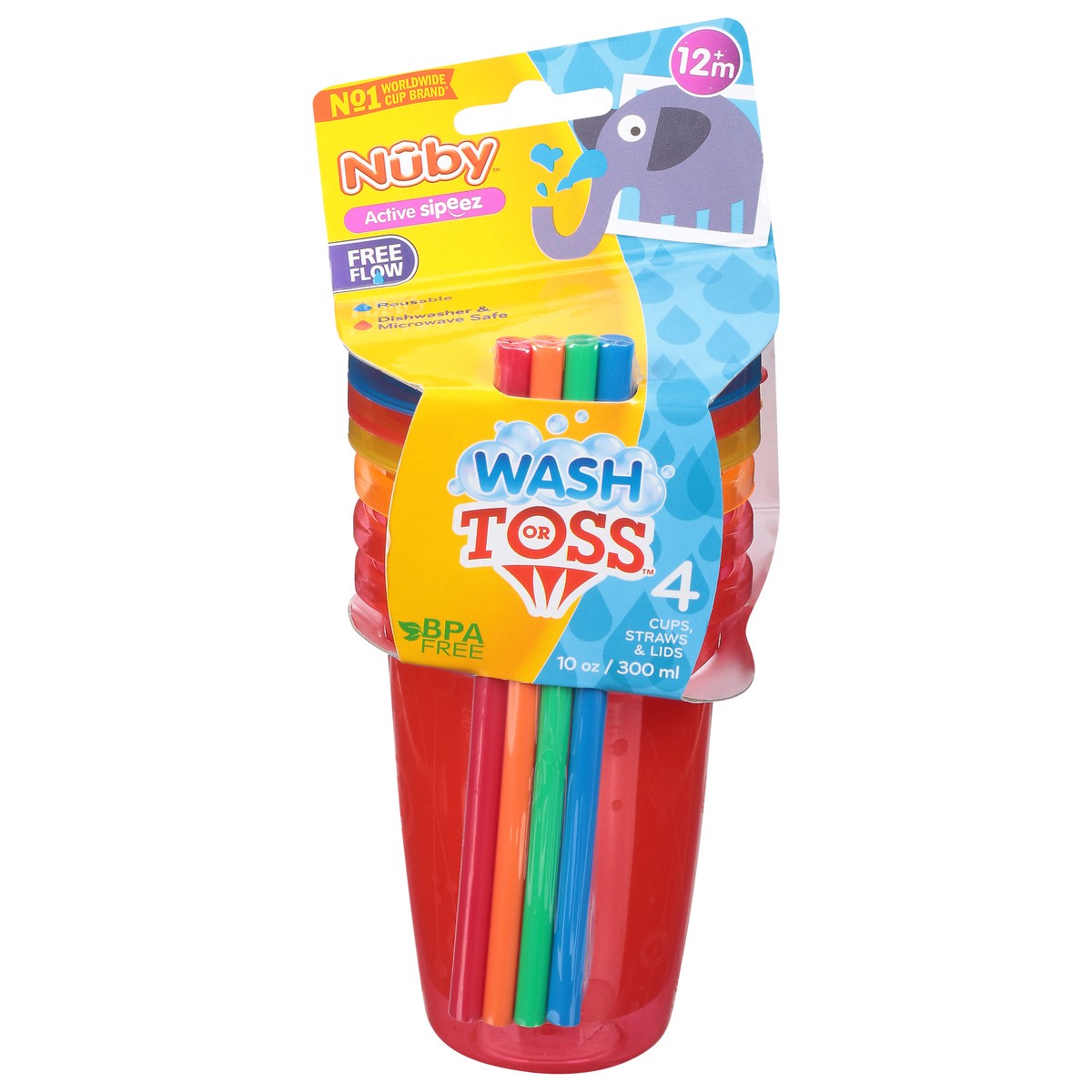 slide 1 of 9, Nuby Wash or Toss 10 Ounce Cups, Straws & Lids 1 ea, 1 ct