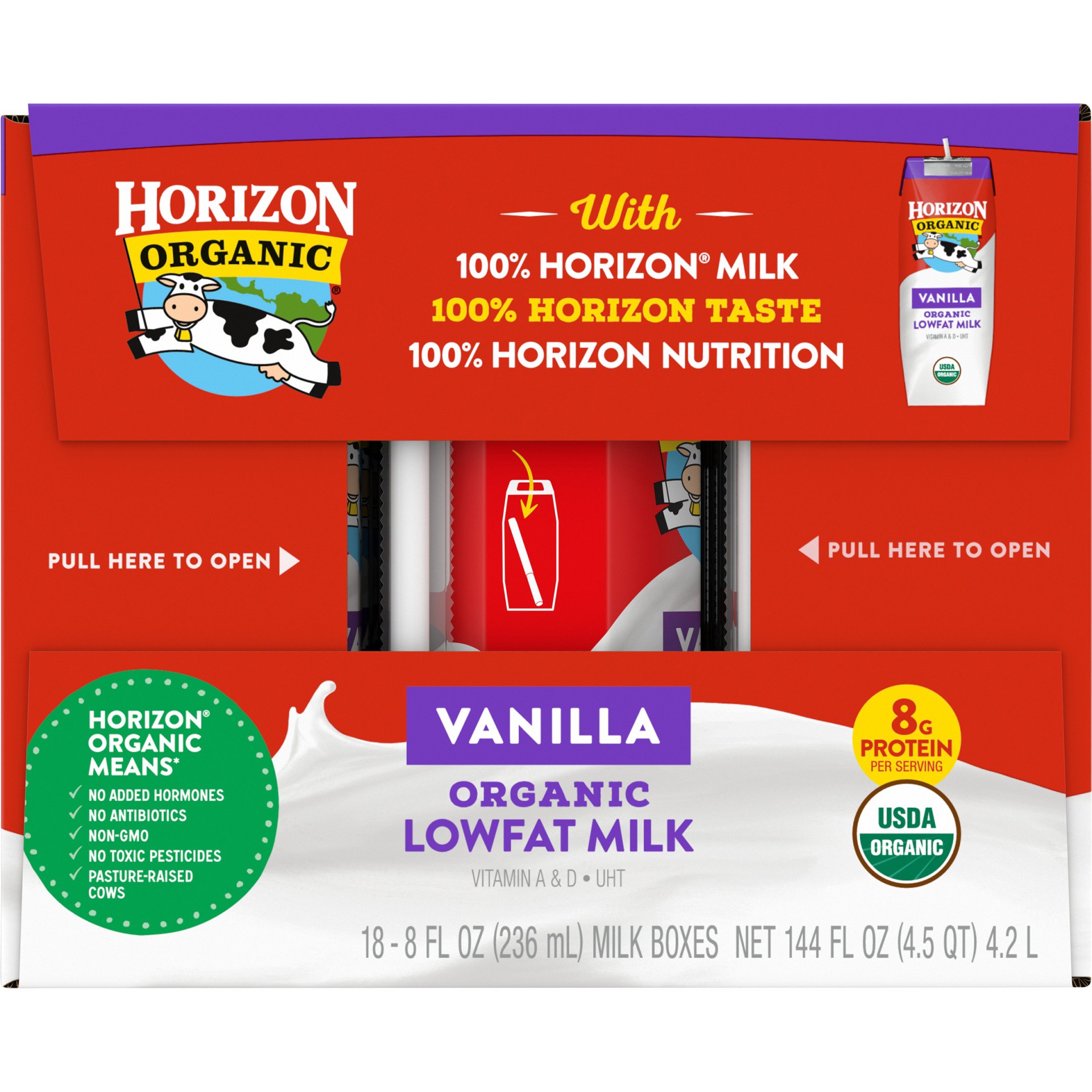 slide 3 of 8, Horizon Organic Shelf-Stable 1% Low Fat Milk Boxes, Vanilla, 8 oz., 18 Pack, 8 fl oz