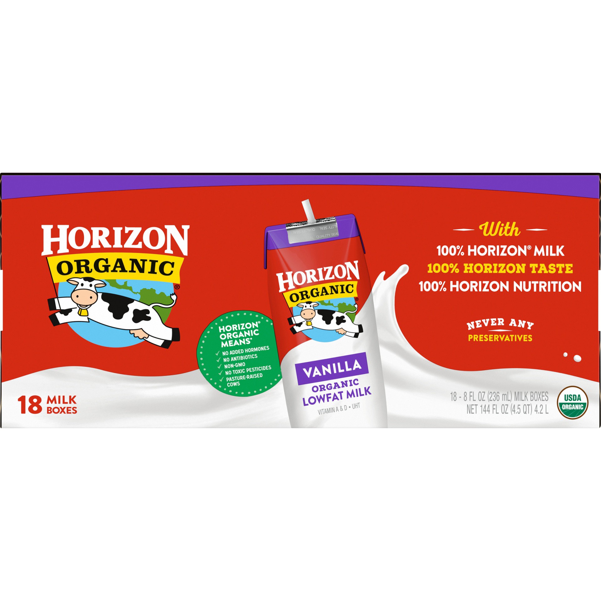 slide 4 of 8, Horizon Organic Shelf-Stable 1% Low Fat Milk Boxes, Vanilla, 8 oz., 18 Pack, 8 fl oz